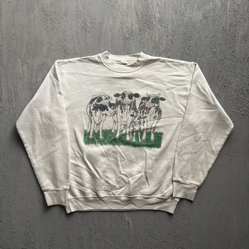 Vintage Cow Graphic Sweatshirt Unisex Large White 90s Front and back